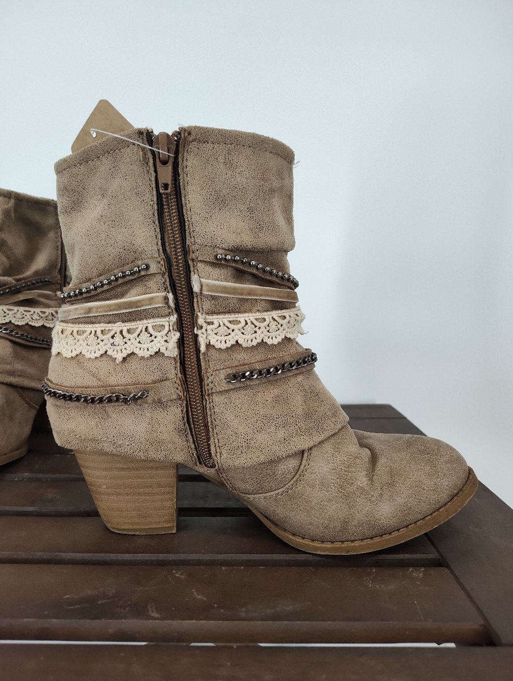 pop Wichita Taupe Faux Leather Lace-Trim Heeled Ankle Boots Women's 8.5M - Picture 4 of 13